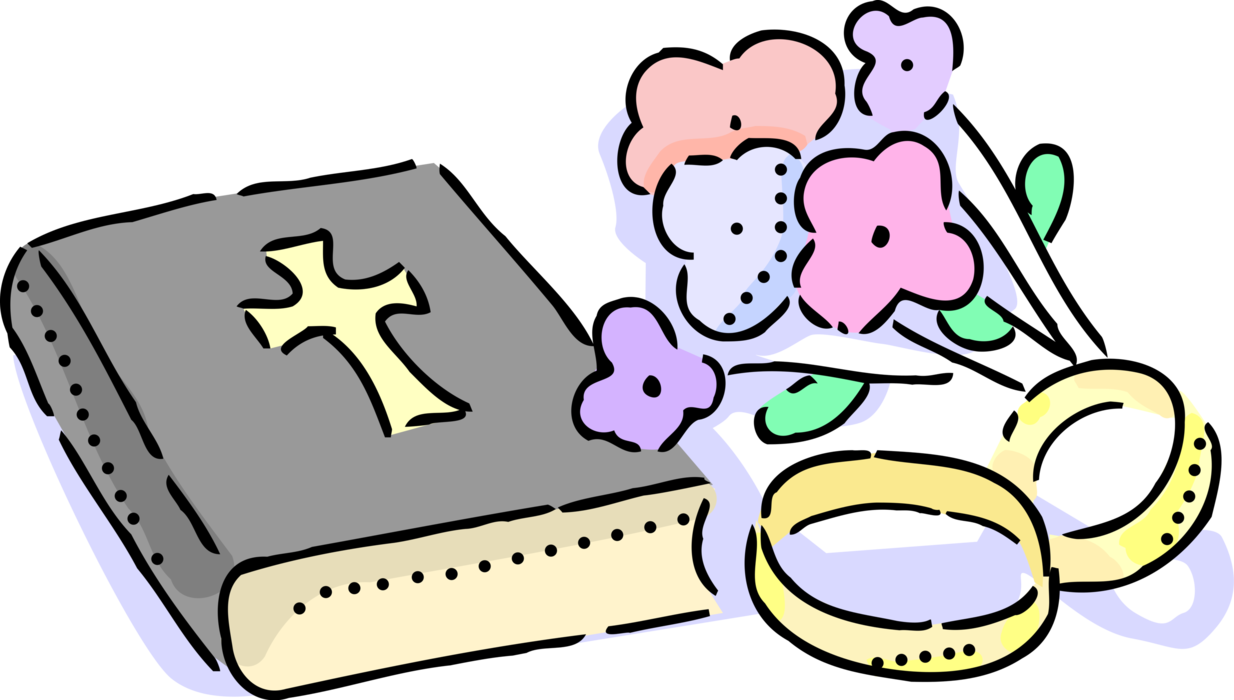 Vector Illustration of Wedding Ring Bands with Christian Holy Bible and Bride's Flower Bridal Bouquet