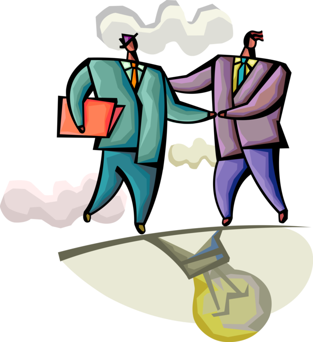Vector Illustration of Business Colleagues Realize Potential Synergy of Capitalizing on Shared Ideas with Handshake of Agreement