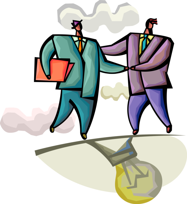 Vector Illustration of Business Colleagues Realize Potential Synergy of Capitalizing on Shared Ideas with Handshake of Agreement