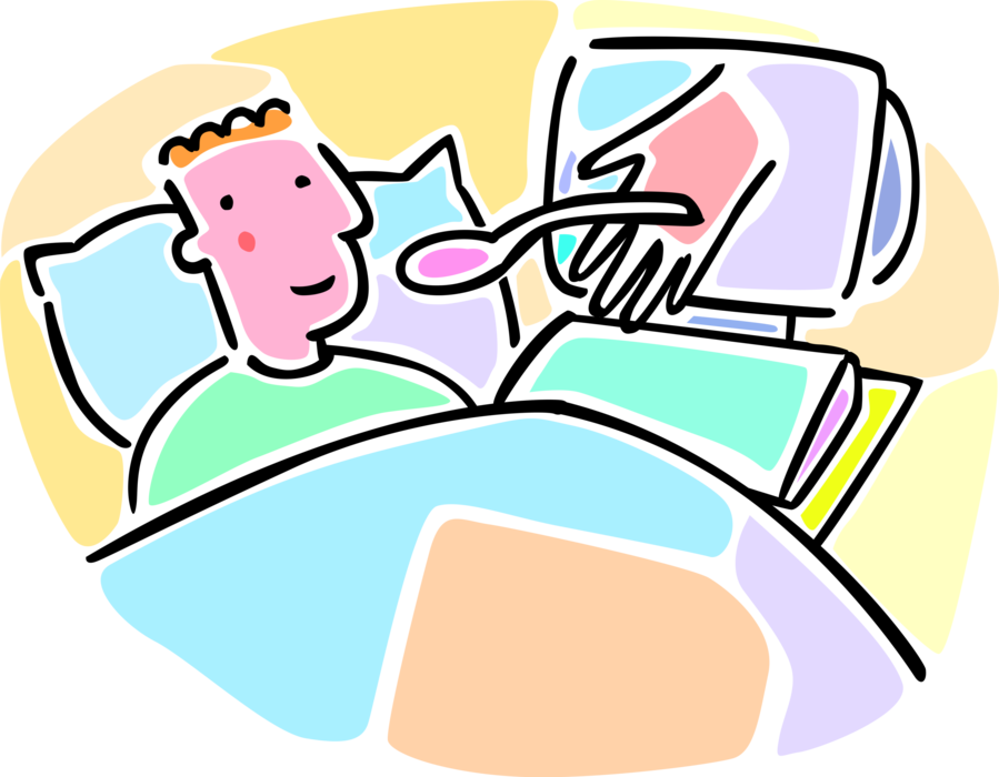 Vector Illustration of Hospital Patient in Bed Receives Medicine Medication with Spoon