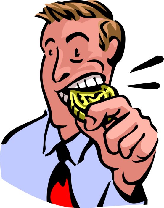 Vector Illustration of Businessman Bites Precious Metal Gold Coin to Determine Mineral Hardness and Purity