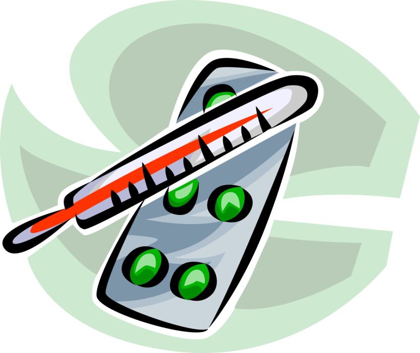 Vector Illustration of Thermometer for Taking Patient's Temperature with Medicine Pills