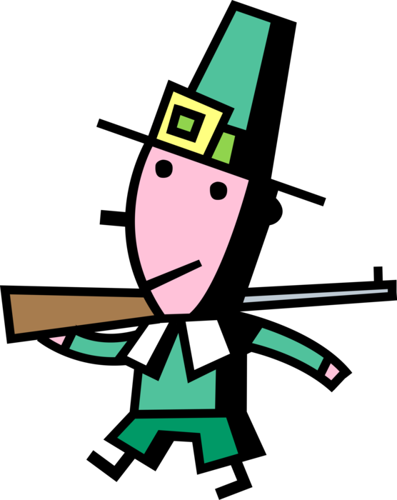 Vector Illustration of Early American Pilgrim Pioneer Enjoys 2nd Amendment Rights with Shotgun Weapon