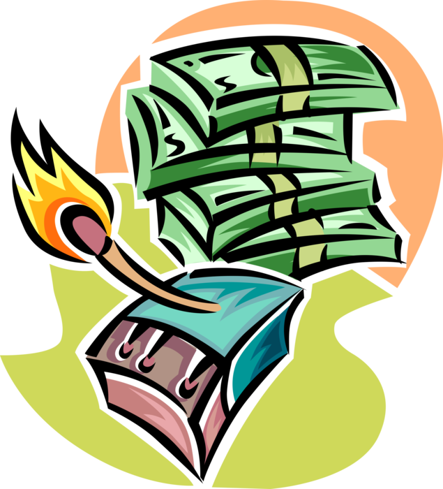 Vector Illustration of Money to Burn with Cash Dollars and Lit Wooden Match with Fire Flame