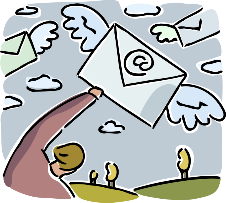 Vector Illustration of Post Office Mail or Postal Airmail Envelope Letter Takes Flight as Electronic Email