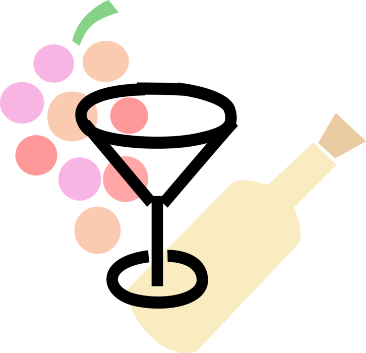 Vector Illustration of Wine Glass with Fruit Grapes and Wine Bottle
