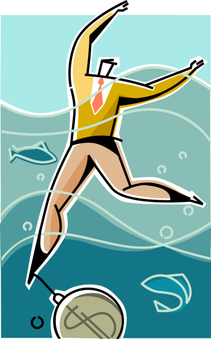 Vector Illustration of Businessman Drowning in Financial Debt Tries to Keep Head Above Water Weighed Down by Cash Money Ankle Weight
