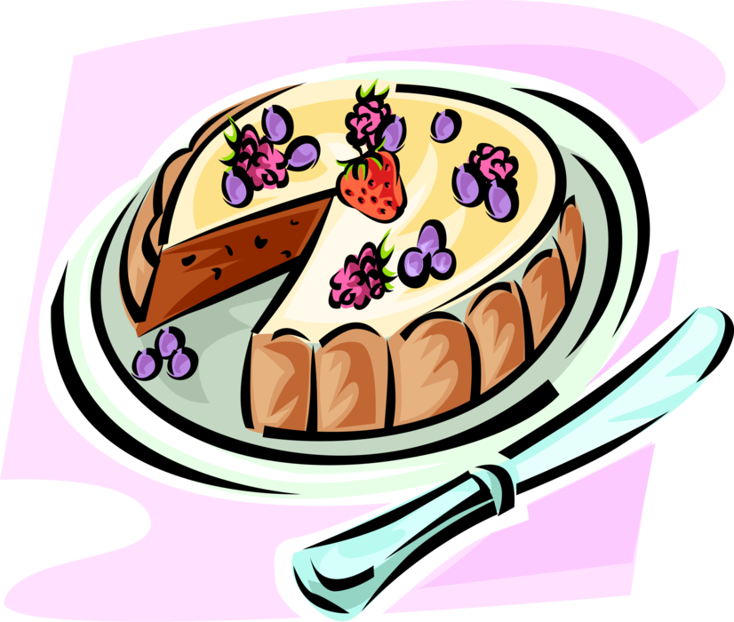 Vector Illustration of Baked Dessert Cake on Serving Plate with Blueberries, Strawberries and Raspberries