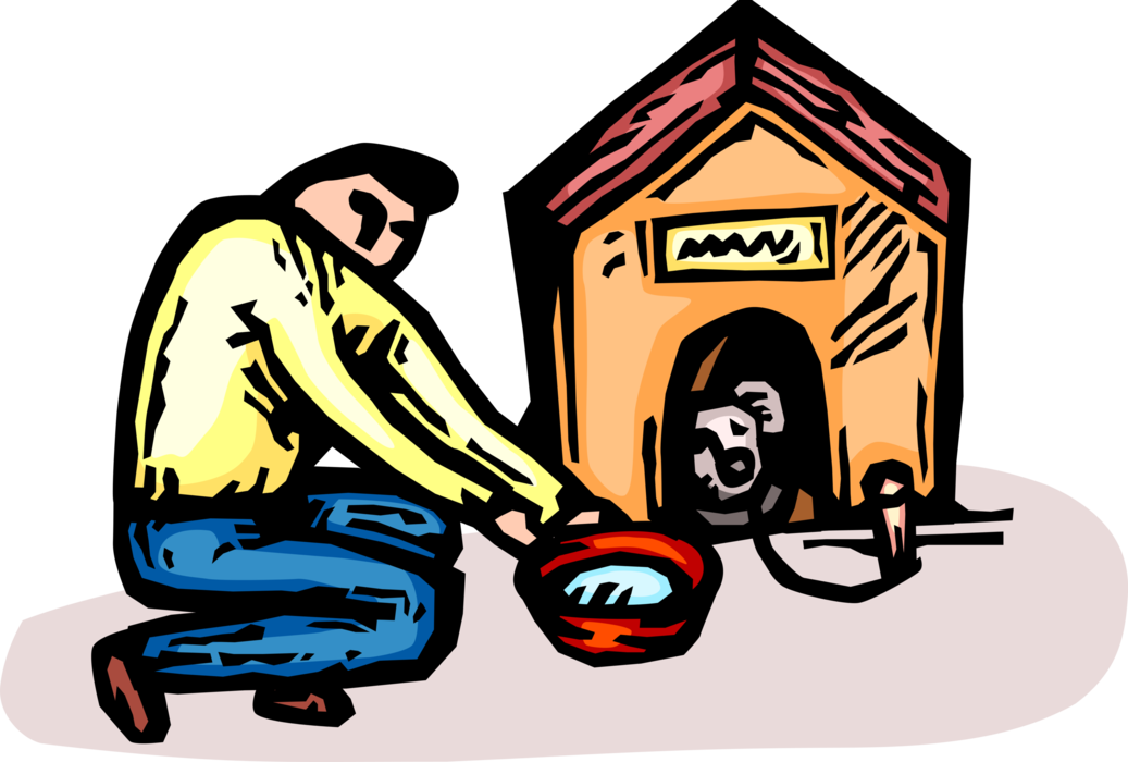 Vector Illustration of Pet Owner Feeds Family Dog in Doghouse