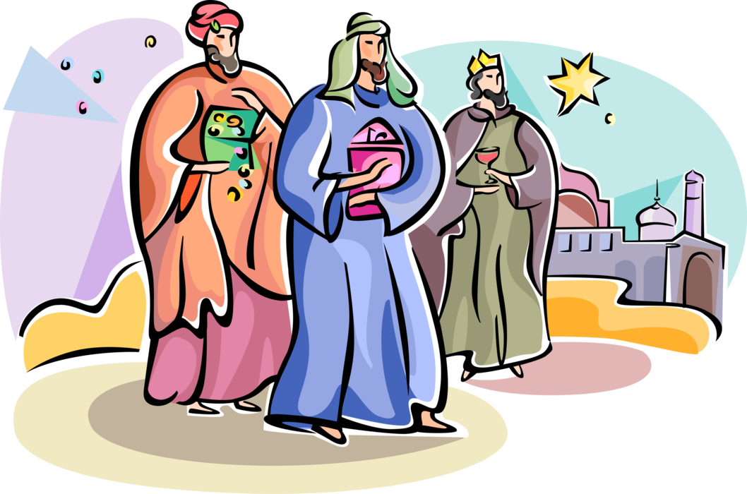Vector Illustration of 3 Wise Men Epiphany Christian Christmas Holiday Celebrating Birth of Christ Child Jesus