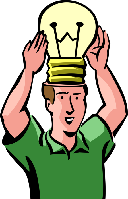 Vector Illustration of Man Has Flash of Brilliance with Electric Light Bulb Symbol of Invention, Innovation, and Good Ideas