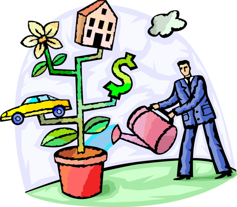 Vector Illustration of Businessman with Watering Can, Automobile Car, Money and Family Home Residence House