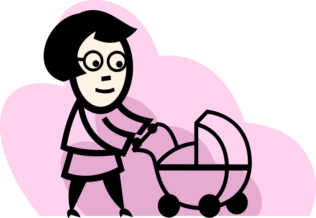 Vector Illustration of Mother Pushes Newborn Infant Baby Pram Carriage Stroller