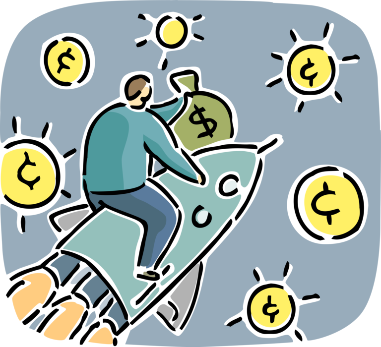 Vector Illustration of Businessman Rides Financial Rocketship Spaceship to Great Wealth and Prosperity