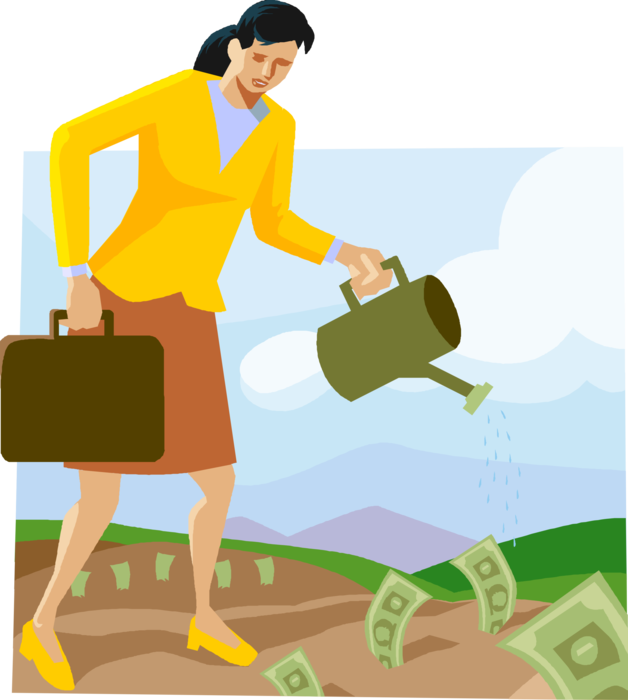 Vector Illustration of Businesswoman with Watering Can Assists Business Financial Growth