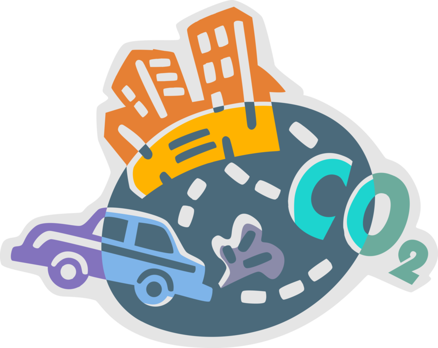 Vector Illustration of Reducing Greenhouse Gas CO2 Emissions from Typical Passenger Car Motor Vehicles