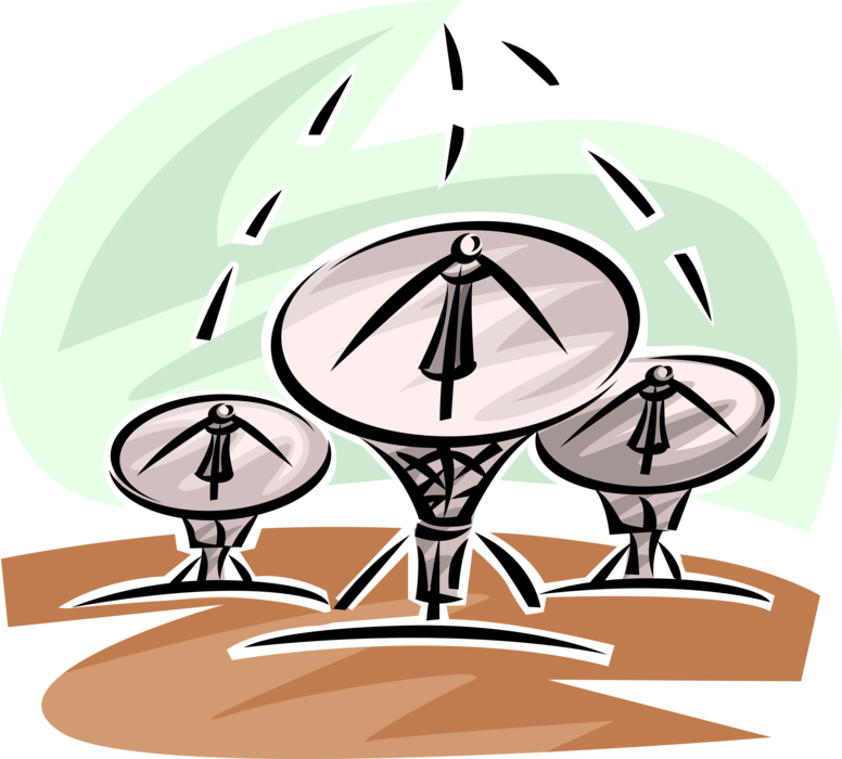 Vector Illustration of Satellite Dish Parabolic Antenna Receive and Transmit Electromagnetic Signals