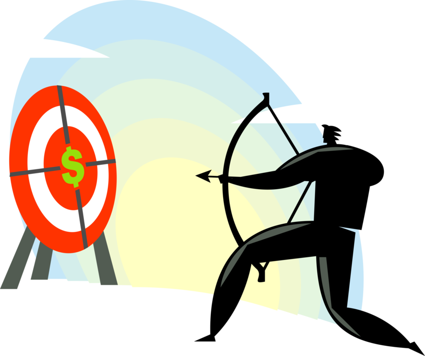 Vector Illustration of Businessman Archer Shoots Bow and Arrow at Financial Money Bullseye or Bull's-Eye Target