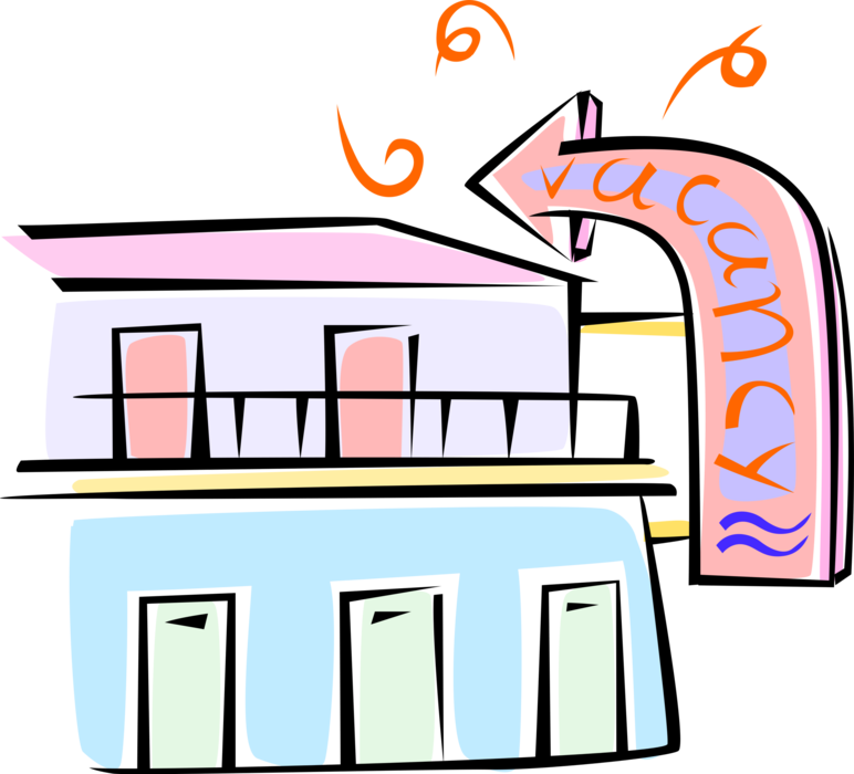 Vector Illustration of Motel Roadside Motor Hotel Provides Motorists and Travelers with Lodging with Vacancy Sign