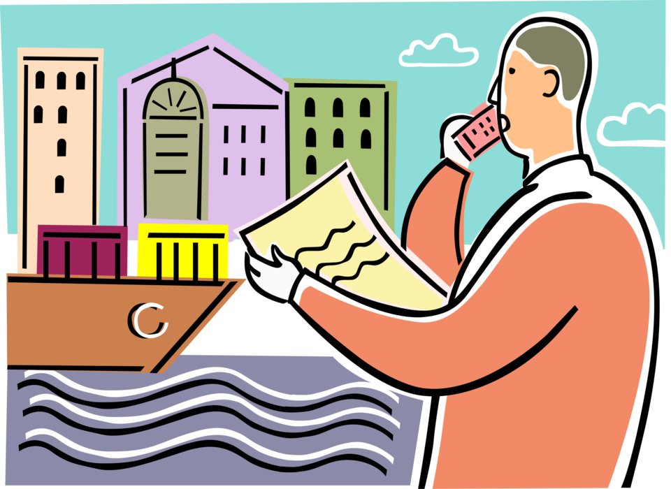 Vector Illustration of Businessman in Conversation on Mobile Cell Phone with Shipping Waybill and Cargo Freight