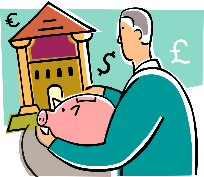 Vector Illustration of Businessman Deposits Piggy Bank Thrift Savings in Financial Bank