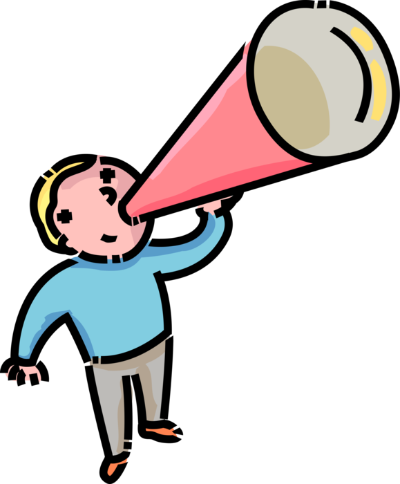 Vector Illustration of Primary or Elementary School Student Boy Makes Announcement with Megaphone Bullhorn to Amplify Voice
