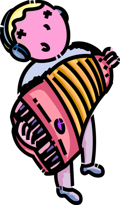 Vector Illustration of Primary or Elementary School Student Boy Musician Plays Accordion Bellows-Driven Musical Instrument