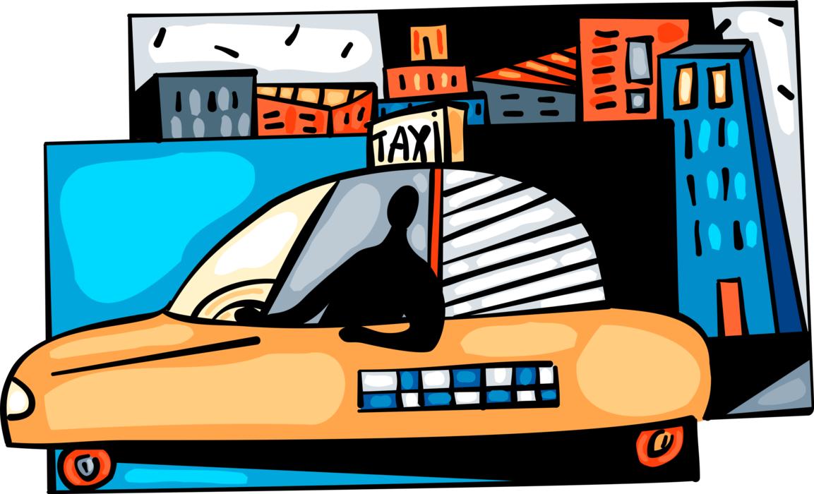 Vector Illustration of Taxi Driver Motorist Drives Taxicab Taxi or Cab Vehicle for Hire Automobile Motor Car
