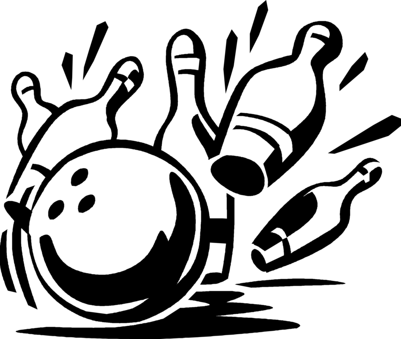 Vector Illustration of Sports Equipment Bowling Ball Knocks Down Pins at Bowling Alley