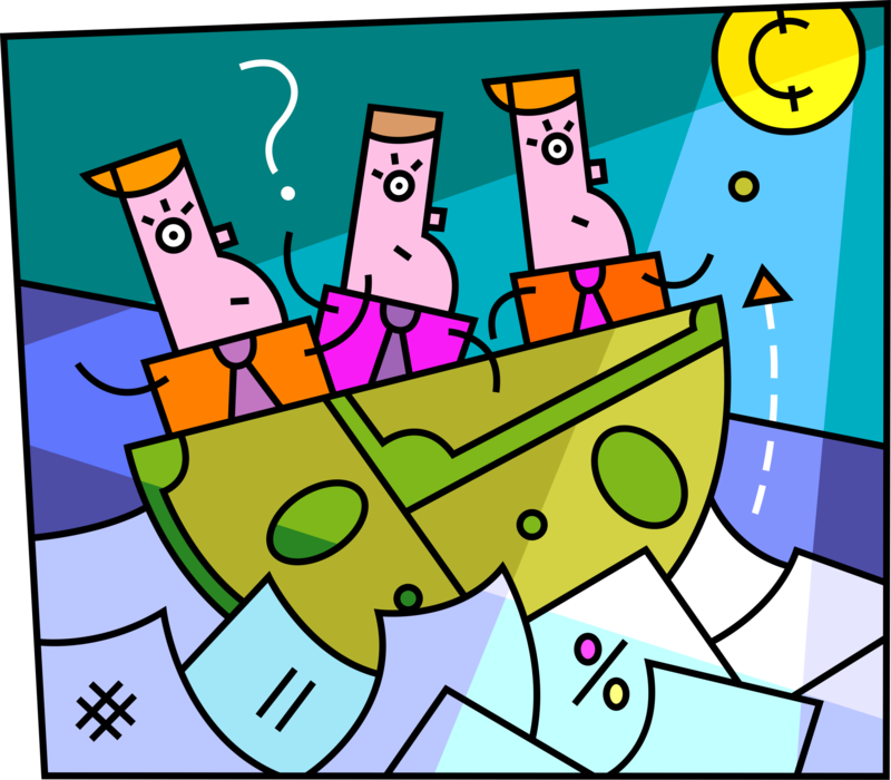 Vector Illustration of Rub-a-Dub-Dub Three Businessmen in Tub of Cash Money Floating in Sea of Paperwork