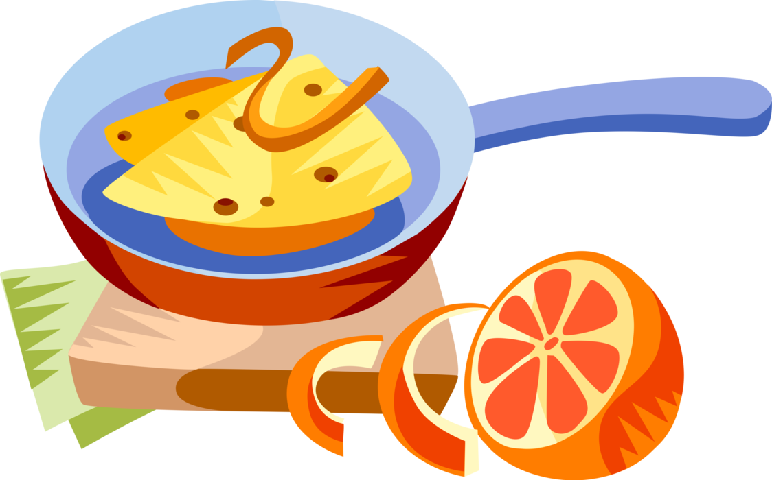 Vector Illustration of European French Cuisine Crêpes Suzette Thin Pancake in Copper Pan