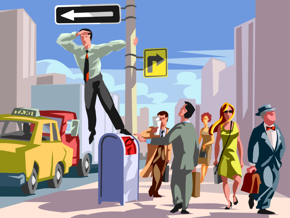 Vector Illustration of Businessman on Lookout Stands on Letter Box or Mailbox Receptacle