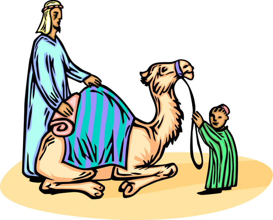 Vector Illustration of Middle Eastern Arab Man with Child and Beast of Burden Camel