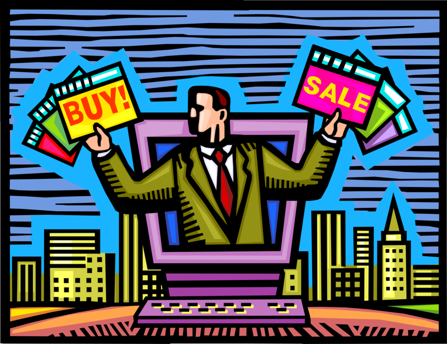 Vector Illustration of Businessman Marketer Promotes Online Internet eCommerce Transactions with Sale and Buy Signs