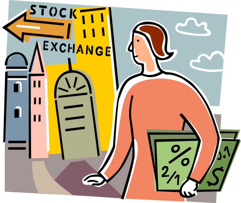 Vector Illustration of Woman Manages 401K Investment Portfolio with Wall Street Stock Exchange Market Investing