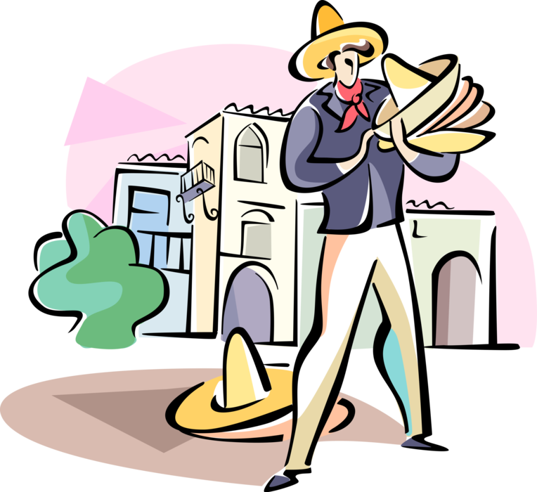 Vector Illustration of Hat Merchant Selling Mexican Sombrero Hats