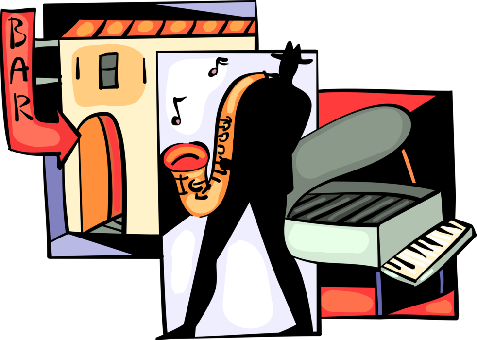 Vector Illustration of Saxophonist Musician Plays Saxophone Musical Instrument in Bar with Piano Keyboard