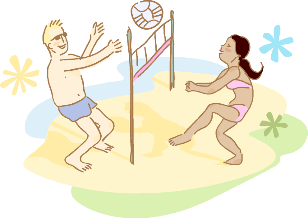Vector Illustration of Playing Game of Beach Volleyball on Sandy Beach in Summer