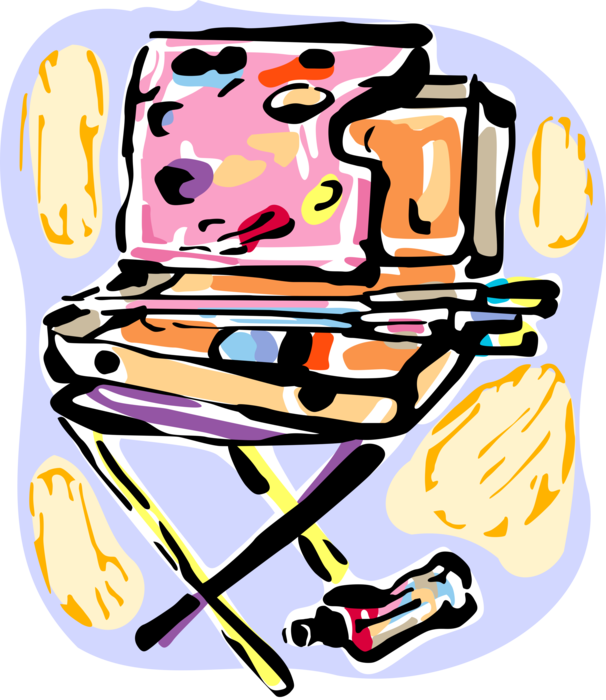 Vector Illustration of Visual Arts Artist Paint Box and Paintbrushes with Paint Palette on Folding Chair