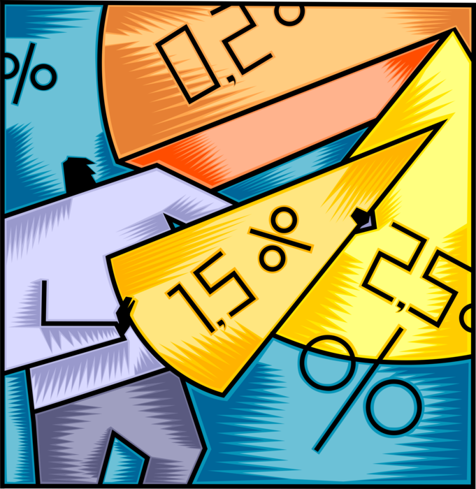 Vector Illustration of Businessman Contributes to Overall Corporate Sales Results with Pie Chart Percentage Slice