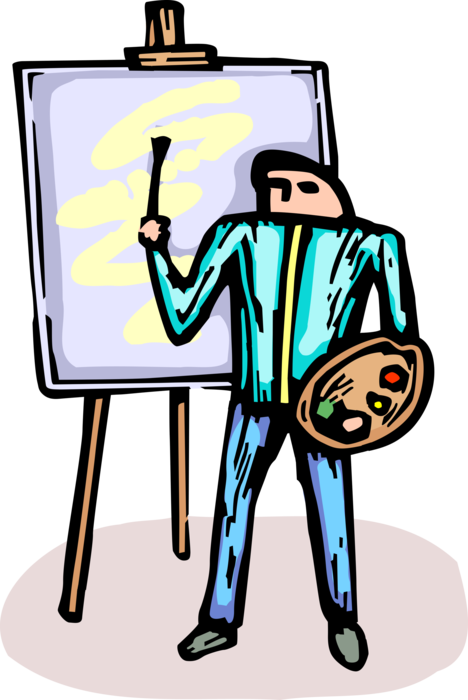 Vector Illustration of Visual Arts Artist Paints Painting on Canvas on Easel with Paintbrush and Palette