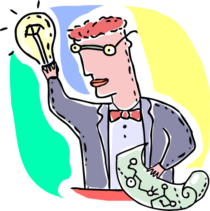 Vector Illustration of Pioneer Inventor with Electric Light Bulb Symbol of Invention, Innovation, and Good Ideas
