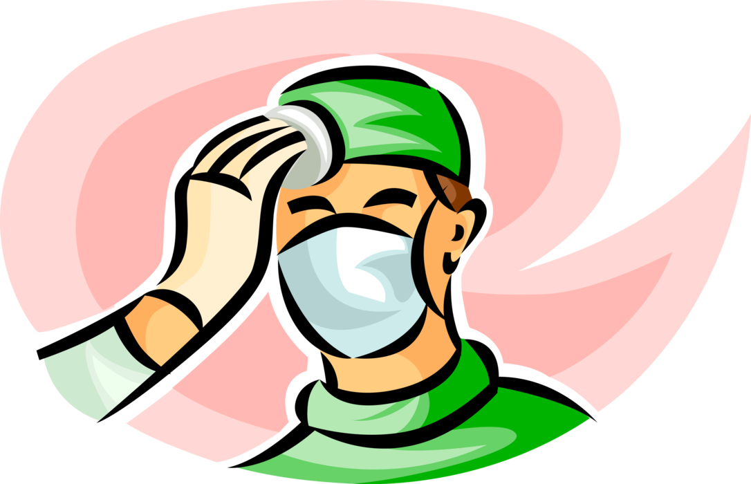 Vector Illustration of Health Care Professional Doctor Physician Surgeon in Surgery Wipes Perspiration from Forehead