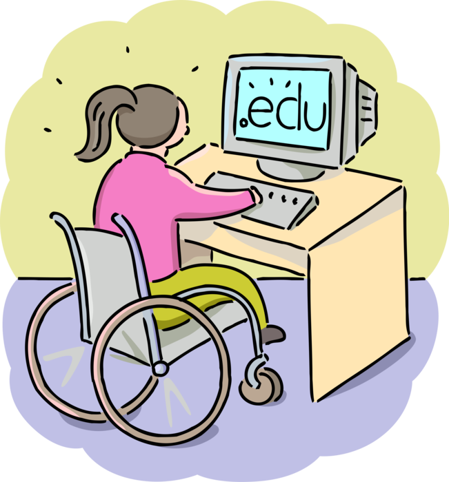Vector Illustration of Disabled Handicapped Student Works with Online Internet Computer in School Classroom