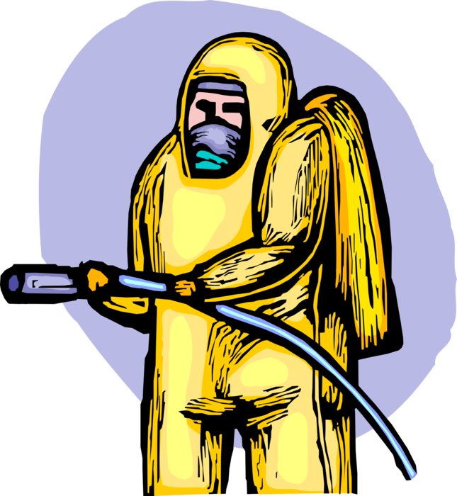 Vector Illustration of Homeland Security Personnel in Biohazard Hazmat Suits with Decontamination Spray