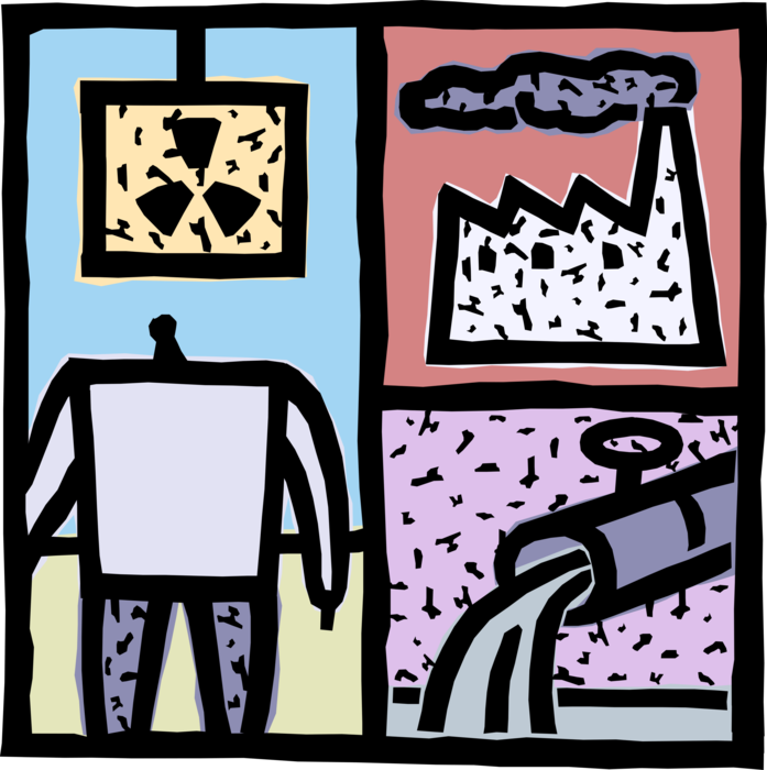Vector Illustration of Industrial Manufacturing Factory Plant with Biohazard Toxic Pollution Waste Emissions