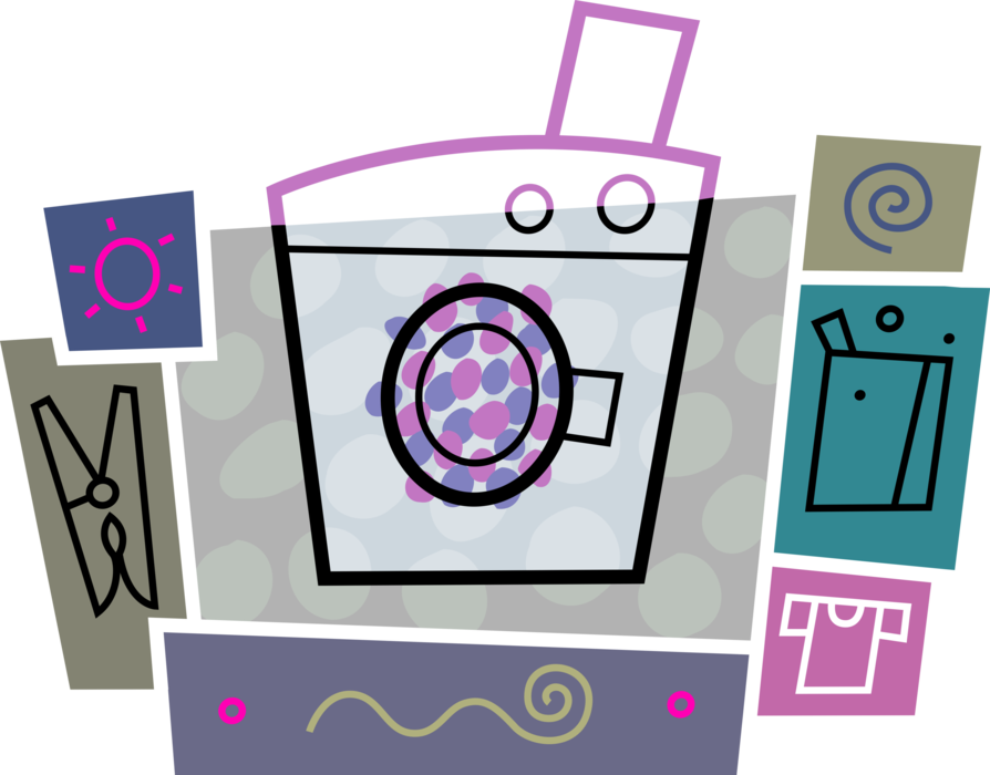 Vector Illustration of Washing Machine with Soap, Clothespin, and T-Shirt Apparel Garment