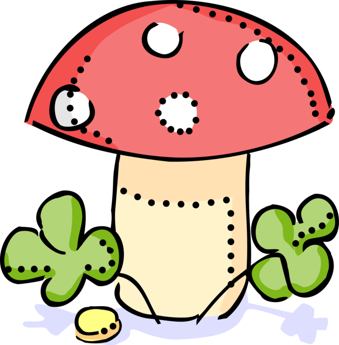 Vector Illustration of Mushroom or Toadstool Fleshy Spore-Bearing Fungus Food with Four-Leaf Clover Lucky Shamrocks