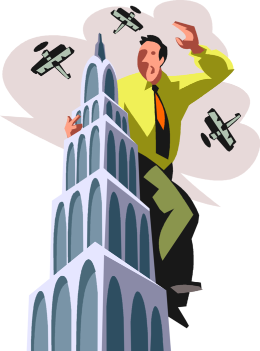 Vector Illustration of King Kong Businessman Climbs to Top of Empire State Building Swatting Pest Airplanes