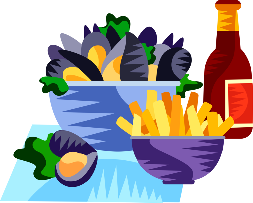 Vector Illustration of Northern European Cuisine Moules Frites Mussels and Fries